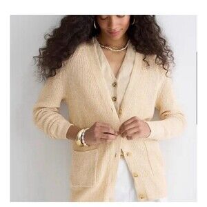 J Crew Womens Button Up Tan V Neck Linen Blend Beachy Cardigan Sweater Sz L